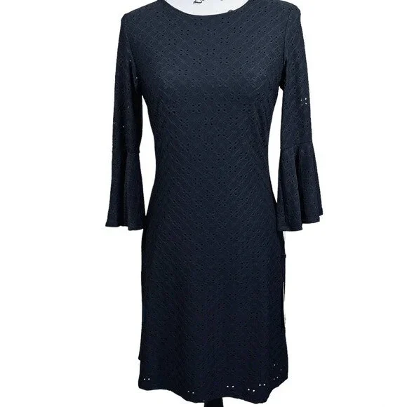 Tommy Hilfiger Black Dress women Eyelet A line Dress with Bell Sleeve Size